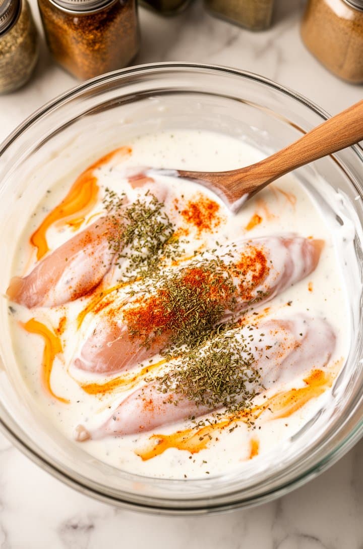Overhead flat-lay of raw chicken tenders submerged in a thick white yogurt marinade with visible orange paprika swirls and green dried oregano flecks in a large glass mixing bowl, a wooden spoon resting against the rim, on a light marble countertop with scattered spice jars in soft focus behind, bright even natural lighting from above