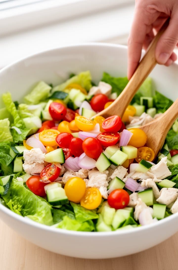 45-degree angle of the salad assembly in progress — a large white bowl filled with chopped romaine lettuce being topped with halved red and yellow cherry tomatoes, diced cucumber, and sliced shallots, a hand visible tossing with wooden salad servers, bright natural window lighting, clean light wood surface