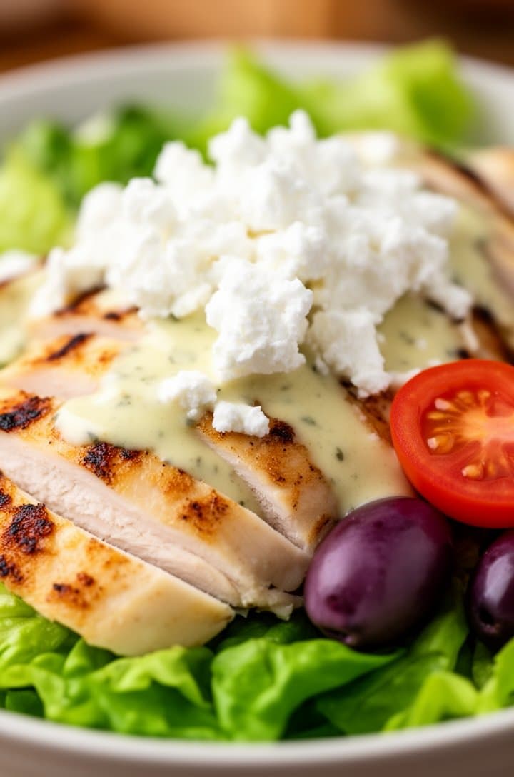 Extreme close-up macro of the finished plated Greek chicken salad, tight crop on the center showing sliced chicken with golden sear marks layered over bright green romaine, a chunk of white feta cheese in sharp focus with crumbly texture visible, a halved cherry tomato and purple olive beside it, creamy Greek dressing drizzled over top catching the light, shallow depth of field with everything beyond 3 inches in soft bokeh, warm natural side lighting
