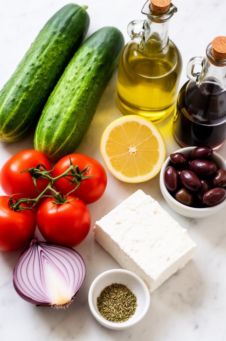 Overhead flat-lay of all ingredients laid out on a white marble surface — two whole cucumbers, a cluster of Roma tomatoes, half a red onion, a block of feta cheese, a small bowl of Kalamata olives, a bottle of olive oil, a fresh lemon cut in half, a bottle of red wine vinegar, and a small pinch bowl of dried oregano. Bright even natural lighting, clean food blog mise en place styling