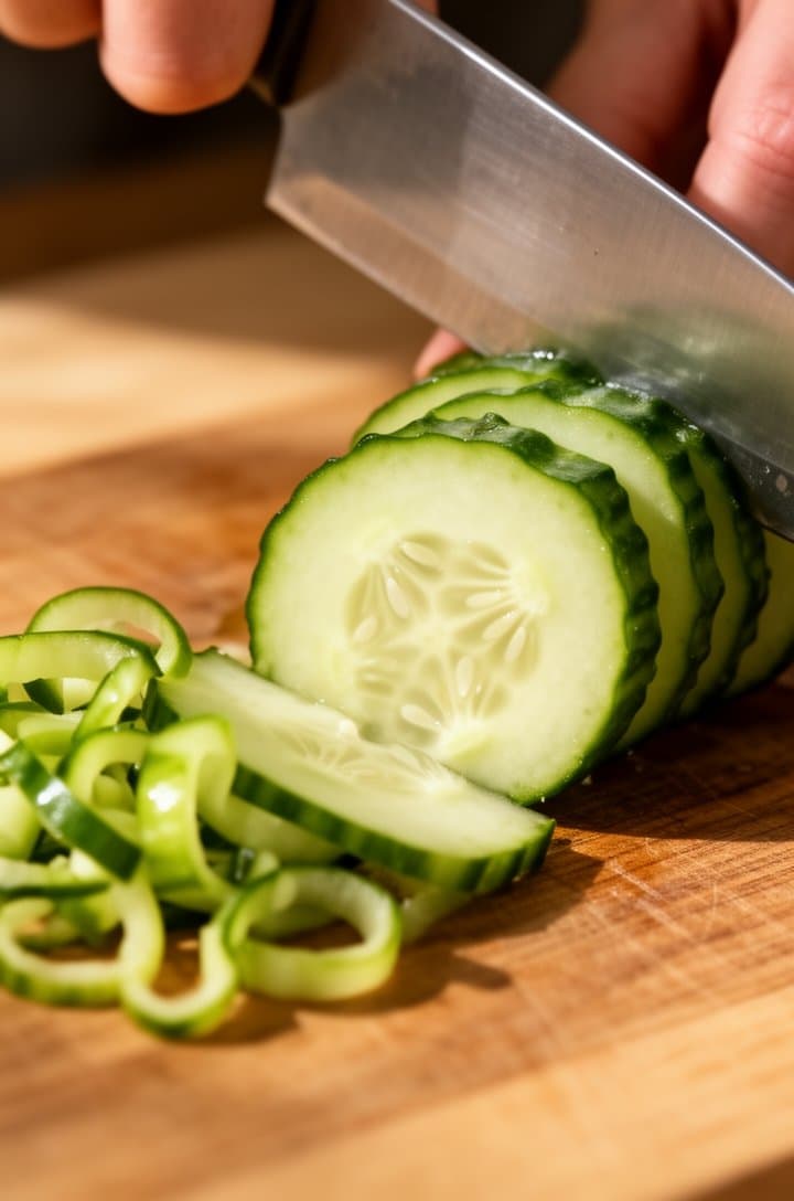 Close-up of cucumber rounds being sliced on a wooden cutting board with a sharp chef's knife, showing the consistent 1/4-inch thickness, pale green flesh with visible seed pattern, curled peels to one side, warm natural lighting from the left, shallow depth of field