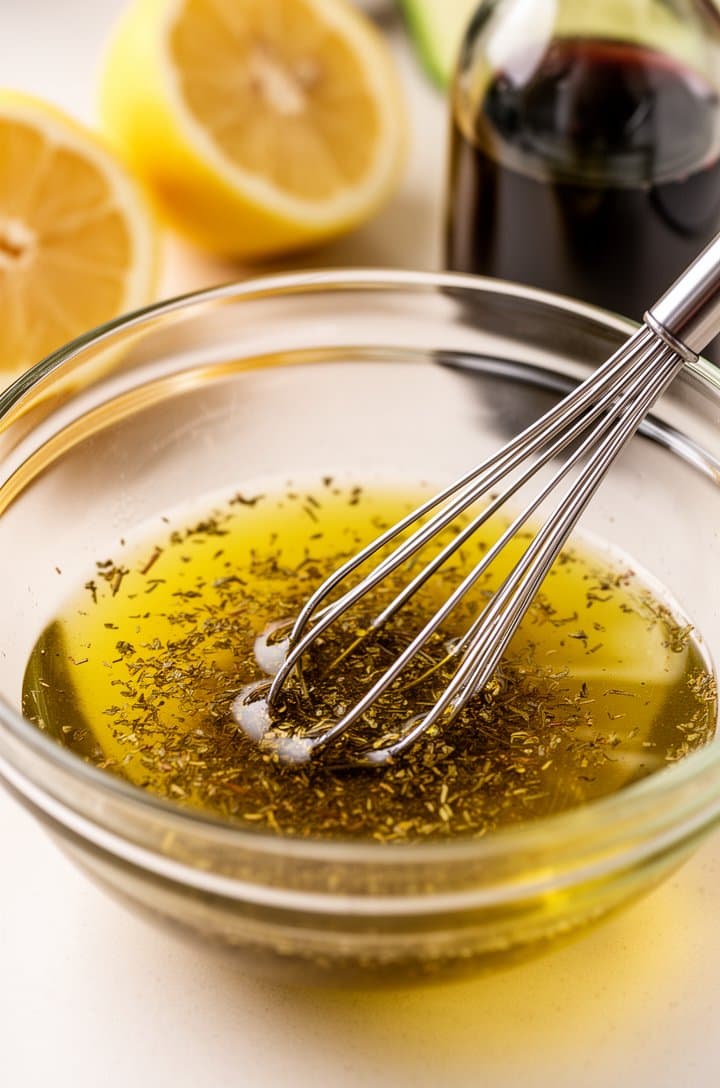 45-degree angle of a small glass mixing bowl with the golden dressing being whisked — olive oil, lemon juice, and red wine vinegar emulsifying together with visible oregano flecks, a small whisk in the bowl, lemon halves and vinegar bottle blurred in the background, bright kitchen lighting