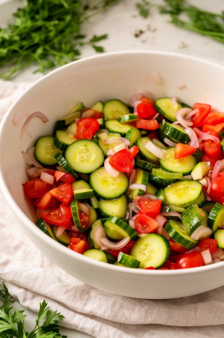Overhead shot of the large mixing bowl with cucumbers, tomatoes, and onions freshly tossed in dressing, glistening with oil, before the feta and olives are added. White ceramic bowl on a light linen napkin, natural window light, herbs scattered on the countertop