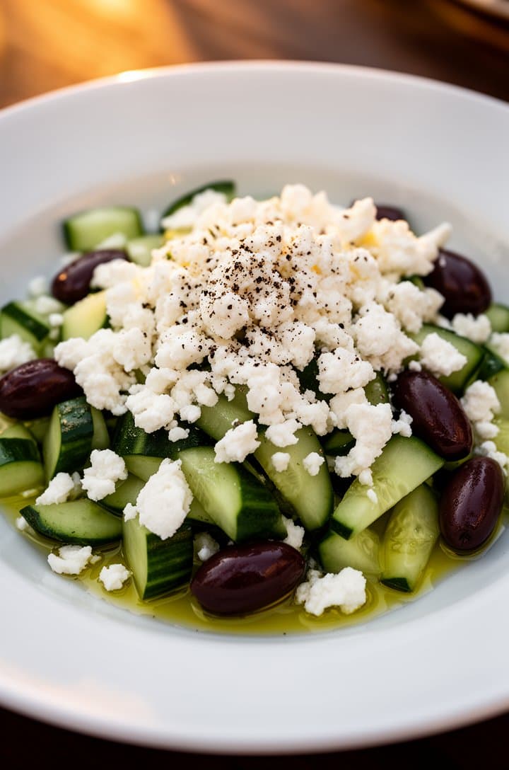 Final plated Greek cucumber salad in a wide shallow white bowl, feta crumbled generously on top, Kalamata olives dotted throughout, a drizzle of olive oil visible on the surface catching the light, fresh cracked black pepper sprinkled on the feta, shot at 30-degree angle with shallow depth of field, warm golden hour lighting from the side