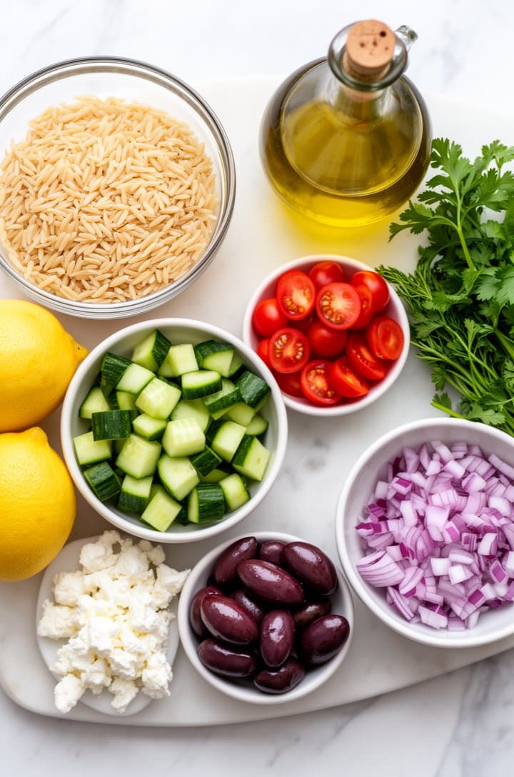 Overhead flat-lay of all Greek orzo salad ingredients arranged in small bowls and on a cutting board against a white marble surface: dry orzo in a glass bowl, halved grape tomatoes, diced cucumber with green skin, sliced purple kalamata olives, crumbled feta, chopped red onion, fresh herbs, whole lemons, and a bottle of olive oil. Bright even natural lighting, organized and colorful composition