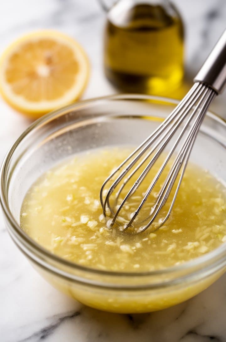 45-degree angle shot of a medium glass bowl with freshly whisked lemon vinaigrette — pale golden emulsion with flecks of minced garlic visible, a small whisk resting in the bowl, halved lemon and olive oil bottle blurred in the background on a marble surface, soft natural side lighting