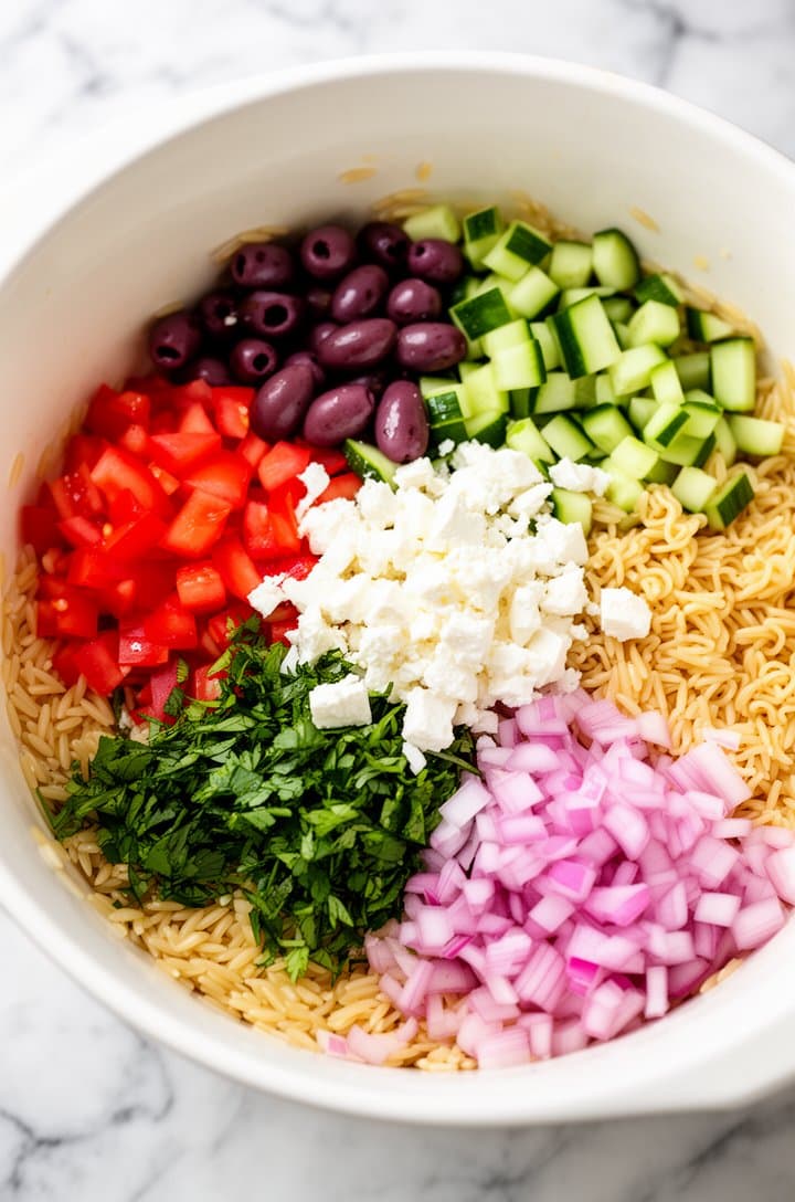 Overhead shot of a large white ceramic mixing bowl with cooled orzo and all the chopped vegetables added on top in sections before tossing — red tomatoes, green cucumbers, purple olives, pink onion, white feta, and green herbs creating a colorful mosaic pattern against the pale golden orzo base. Bright natural lighting, marble surface
