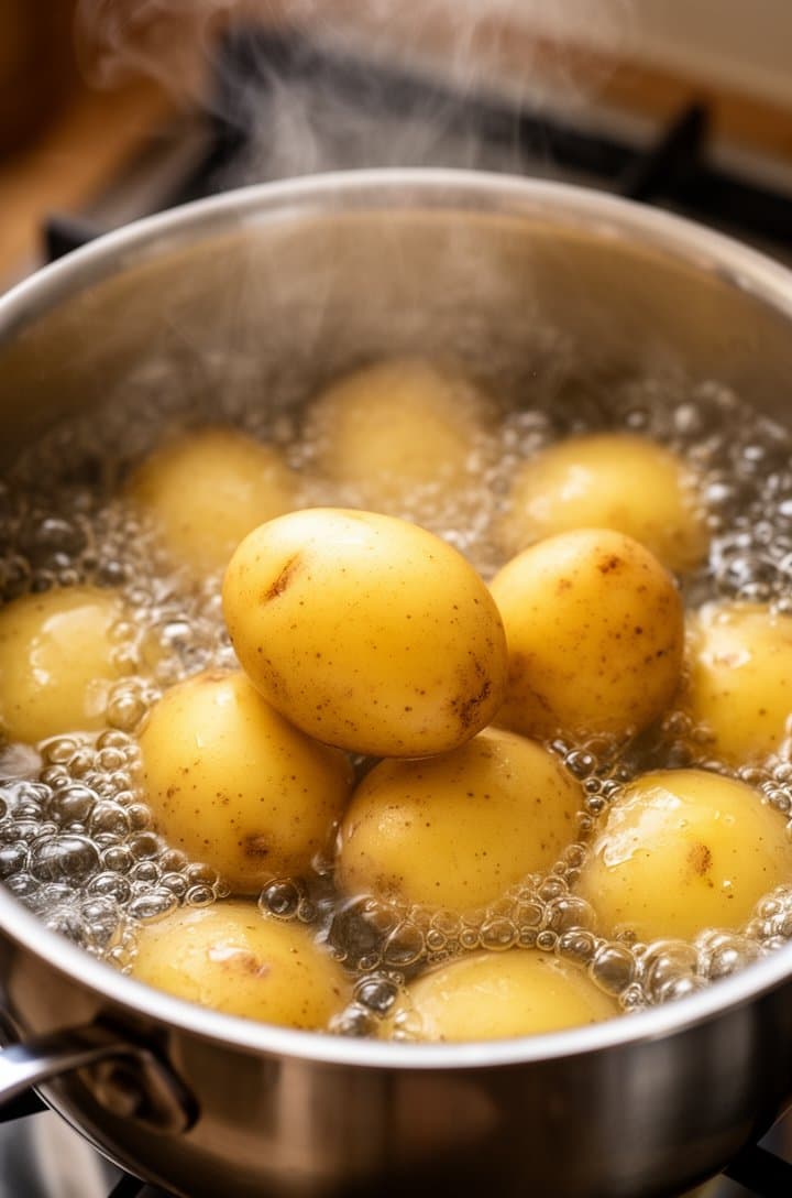 Overhead shot of whole small yellow potatoes being lowered into a large pot of boiling salted water on a stovetop, bubbles rising around the potatoes, steam curling up from the surface, stainless steel pot with water at a rolling boil, warm kitchen lighting, shallow depth of field focused on the potatoes