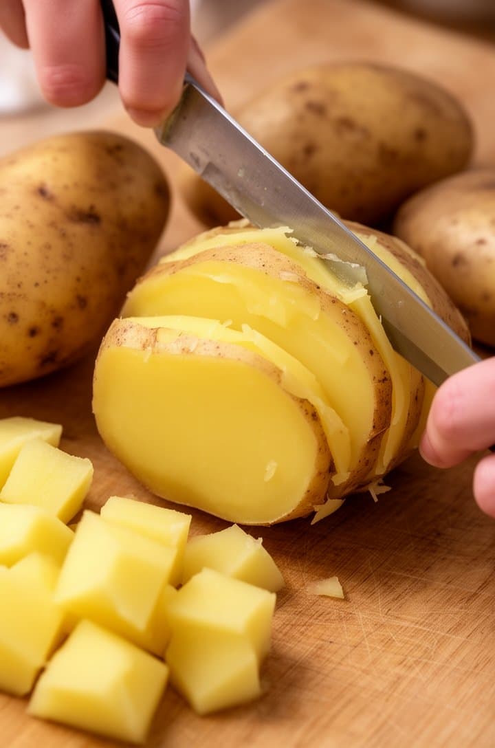 Close-up of warm boiled potatoes on a cutting board being peeled with a paring knife, golden potato flesh revealed as the thin skin peels away in strips, some cubed pieces already cut to the side showing the soft creamy interior, a few whole unpeeled potatoes waiting nearby, warm natural side lighting