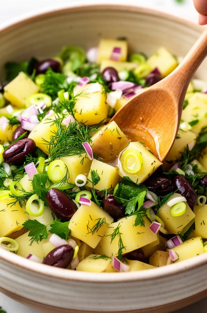 45-degree angle shot of cubed warm potatoes in a large ceramic bowl with red onion pieces, sliced green onions, chopped fresh dill, flat-leaf parsley, and halved Kalamata olives being gently tossed together with a wooden spoon, the vinaigrette coating everything in a light golden sheen, vibrant greens and purples contrasting against the pale yellow potatoes, bright natural light