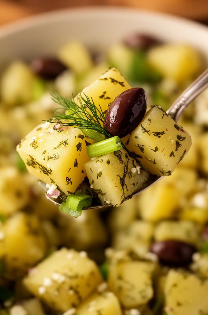 Extreme close-up macro shot of a single serving spoonful of the finished Greek potato salad lifted from the bowl, showing glistening potato cubes with herbs clinging to the surfaces, a halved Kalamata olive, a piece of green onion, and a sprig of dill visible in sharp focus, the rest of the salad bowl blurred in creamy bokeh below, warm side lighting highlighting the olive oil sheen