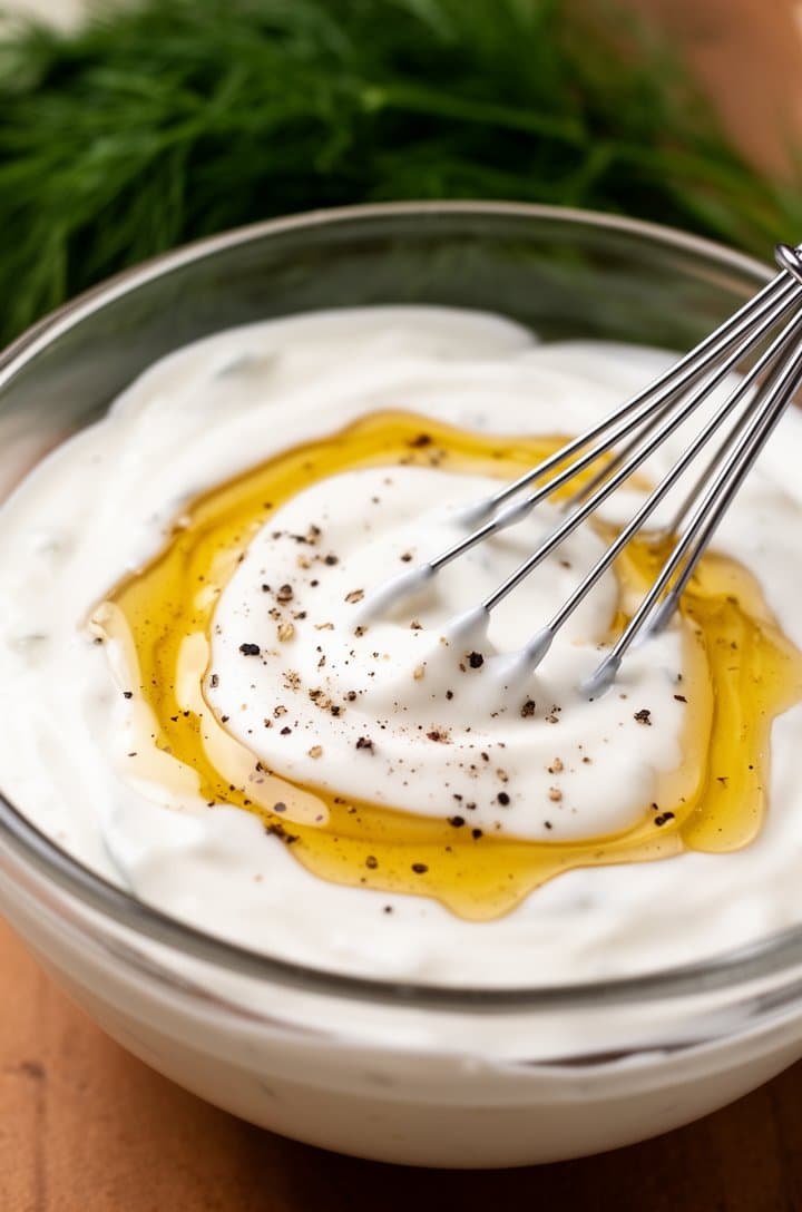 Close-up 45-degree angle of Greek yogurt dressing in a small glass bowl — thick white yogurt whisked smooth with visible golden honey swirl, Dijon mustard flecks, and black pepper. A small whisk rests against the bowl edge. Soft natural side lighting, shallow depth of field with blurred herbs in background