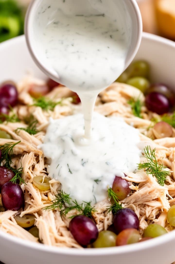 Overhead shot of the creamy yogurt dressing being poured from a small bowl over the chicken and grape mixture in the large white bowl, the white dressing pooling and beginning to coat the colorful ingredients beneath, bright natural lighting