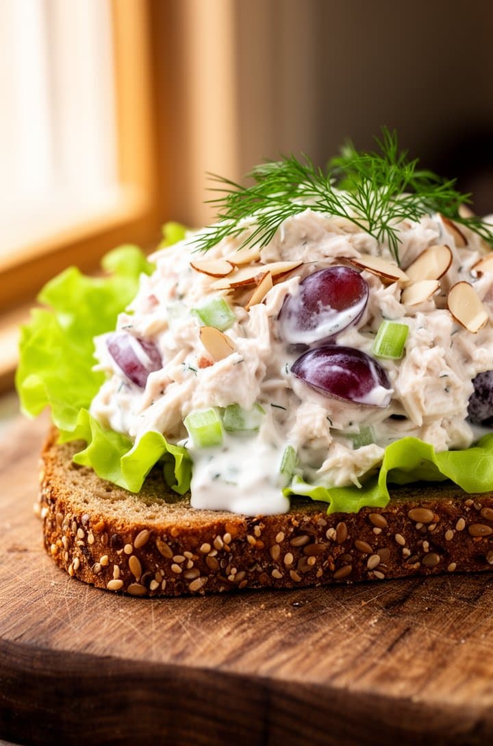 Side-angle close-up of Greek yogurt chicken salad being scooped onto a slice of seeded whole-grain bread, the creamy salad piled high showing chunks of chicken, grape halves, celery, and almonds, fresh dill visible on top, a butter lettuce leaf peeking out from under the salad, on a rustic wooden cutting board with warm natural window lighting from the left