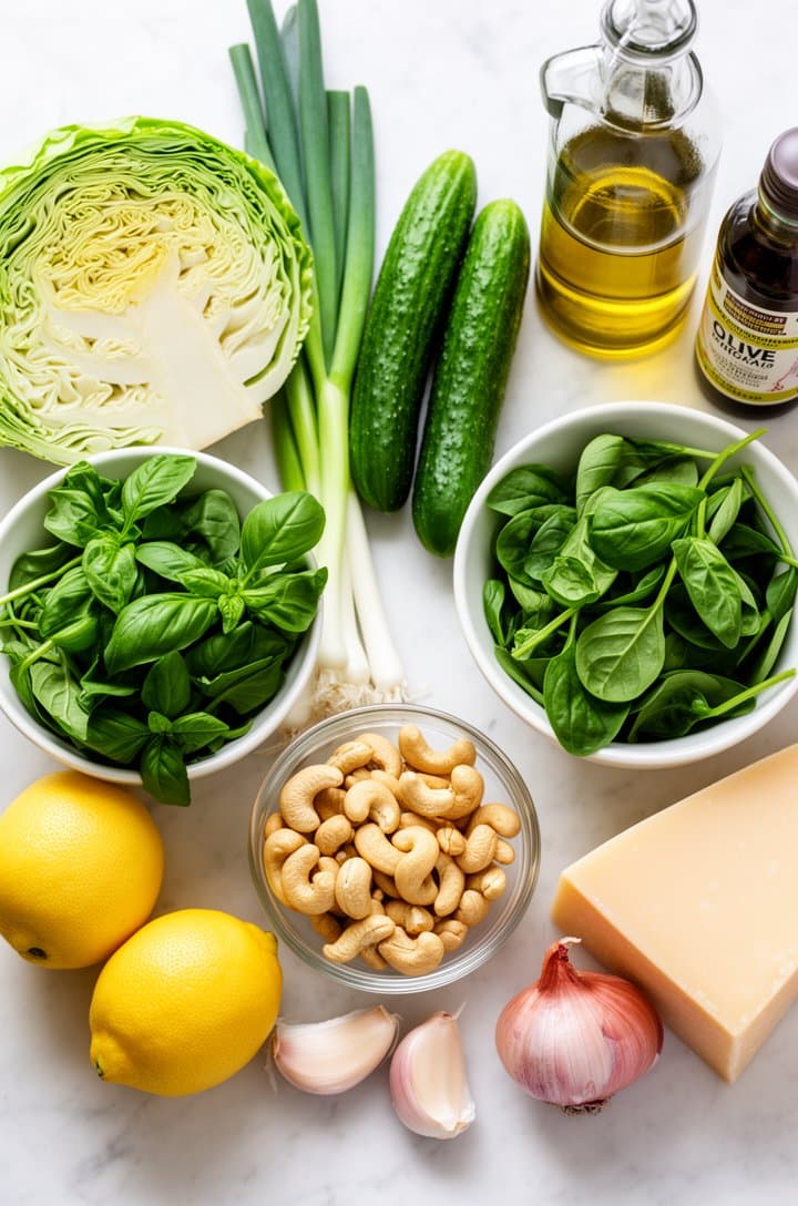 Overhead flat-lay of all green goddess salad ingredients neatly arranged on a cool white marble surface: halved green cabbage with core removed, three Persian cucumbers, bundle of green onions, a cup of packed fresh basil leaves in a small white bowl, baby spinach in another bowl, two whole lemons, raw cashews in a glass ramekin, a wedge of parmesan cheese, one small shallot, two garlic cloves, a bottle of olive oil and small bottle of rice vinegar. Bright even natural overhead lighting, crisp focus throughout, organized recipe prep photography