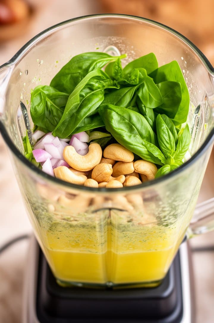 Top-down close-up of a high-powered blender jar filled with all the green goddess dressing ingredients before blending — green spinach and basil leaves on top, visible cashews and shallot pieces, lemon juice pooled at the bottom. Bright overhead lighting showing the raw ingredient layers through the clear blender walls