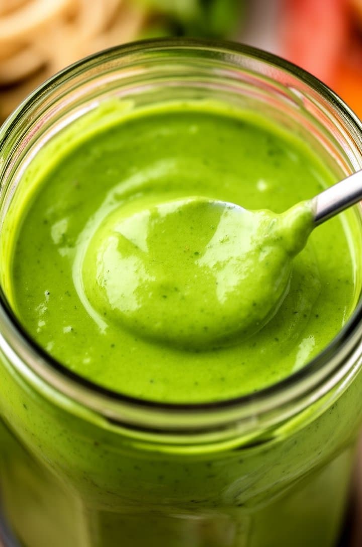Overhead close-up of the blended green goddess dressing in the blender jar, now transformed into a smooth, vibrant bright green creamy sauce with a glossy surface. A spoon dipped into the dressing showing its thick but pourable consistency. Natural lighting highlighting the vivid green color, sharp focus on the dressing texture