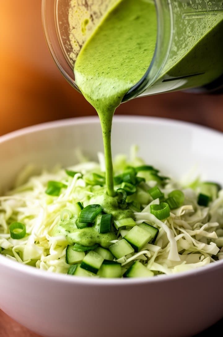 Action shot at a 30-degree angle of bright green goddess dressing being poured from the blender jar over the bowl of chopped cabbage, cucumbers, and green onions in a large white ceramic bowl. The green stream of dressing contrasting against the pale chopped vegetables. Warm side lighting from the left, shallow depth of field focused on the pouring stream