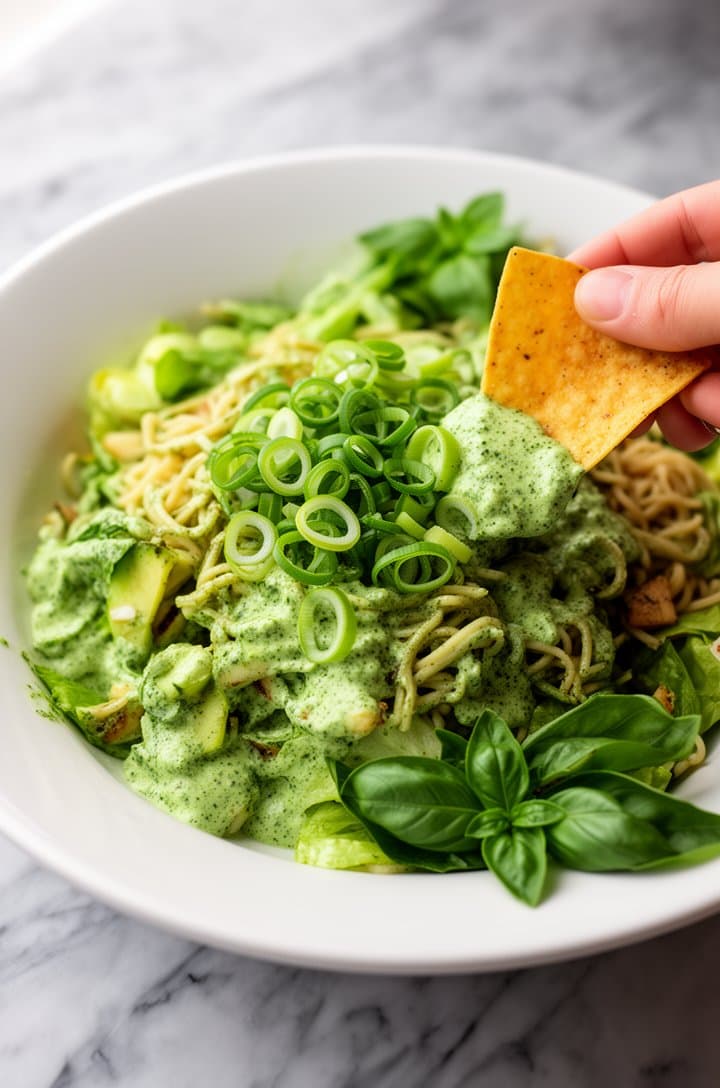 Final styled overhead shot of the completed green goddess salad in a wide shallow white serving bowl, every piece of vegetable coated in vibrant green dressing, garnished with a sprinkle of thinly sliced green onion rings on top. A hand reaching in with a tortilla chip scooping up a portion. Cool marble surface, soft natural lighting, fresh basil sprig as garnish at the bowl edge