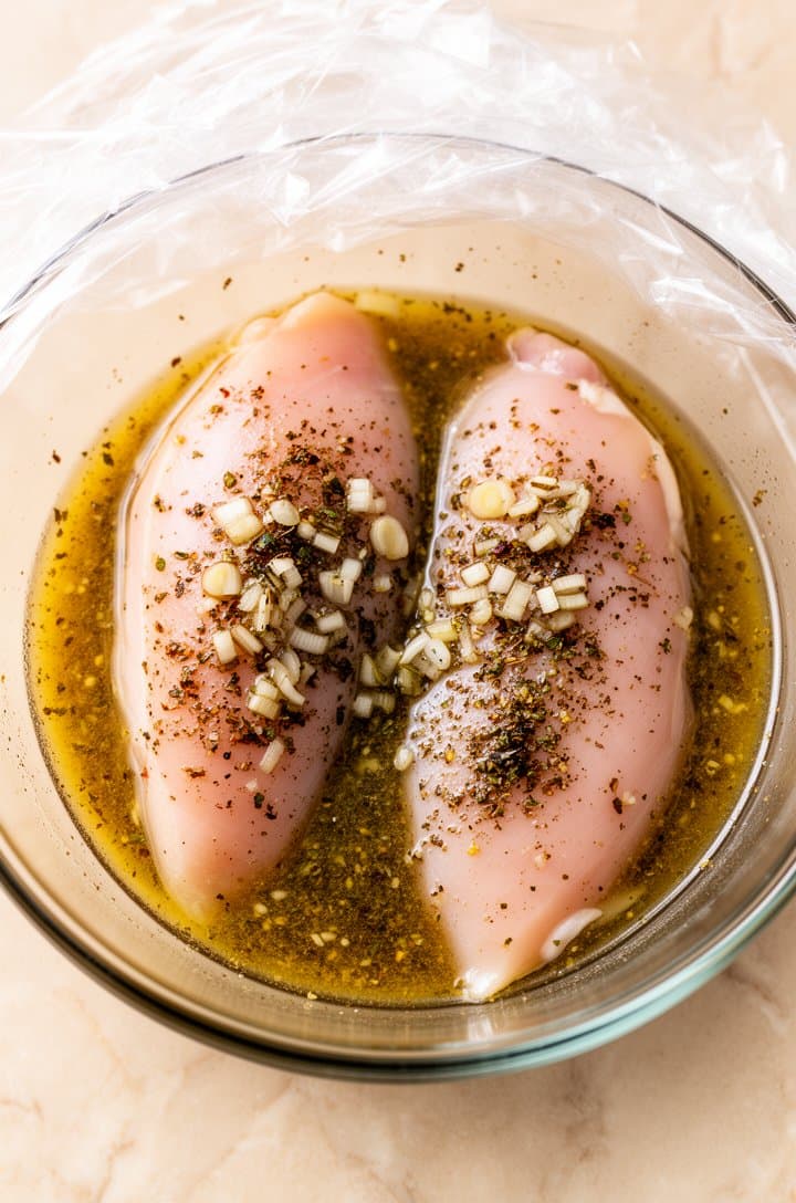 Overhead flat-lay of raw chicken breasts submerged in golden herb vinaigrette marinade inside a clear glass bowl, showing the creamy dressing coating the pink chicken with visible herb flecks and minced shallot clinging to the surface. A sheet of plastic wrap partially pulled back. Light beige marble countertop, bright even natural lighting from above, clean minimal composition, professional food photography