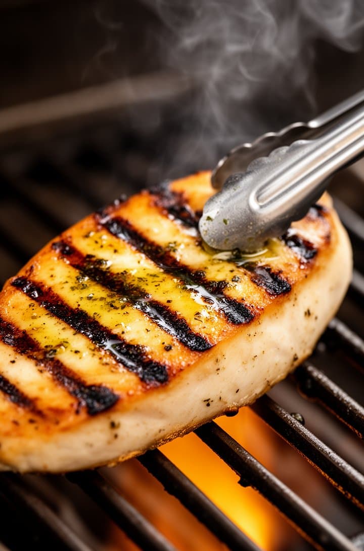 Close-up side-angle shot of a chicken breast on a hot grill with prominent dark crosshatch grill marks on the golden-brown surface, marinade caramelizing at the edges creating slightly charred spots, juices pooling on top of the chicken. Metal tongs gripping the edge of the breast mid-flip, revealing the pale underside. Wisps of aromatic smoke, warm amber grill glow from below, shallow depth of field, professional grilling photography