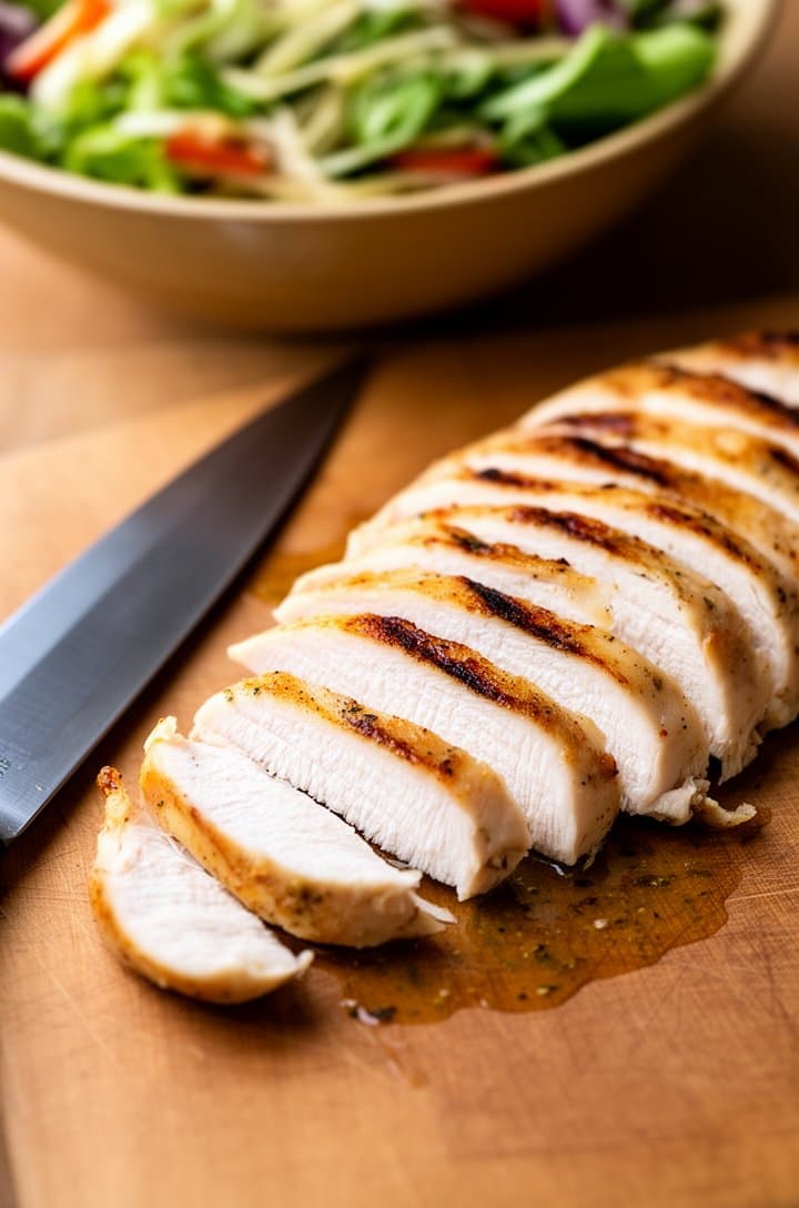 Overhead shot of sliced grilled chicken breast on a wooden cutting board, cut against the grain into even half-inch strips showing the juicy white interior with a thin golden-brown seared exterior ring. A sharp chef's knife resting at an angle beside the slices. Small pool of released juices on the board. Warm natural side lighting, shallow depth of field with blurred salad bowl in the background, professional food photography