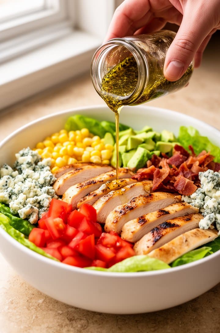 45-degree angle shot of a large white ceramic salad bowl being assembled — a hand drizzling golden herb vinaigrette from a small glass jar over arranged sections of colorful toppings on romaine lettuce. The stream of dressing catching the light as it falls. Sliced grilled chicken, red tomatoes, yellow corn, green avocado, crumbled bacon and blue cheese all visible in organized rows. Bright natural window lighting, beige stone countertop, professional food blog photography with motion captured in the dressing pour
