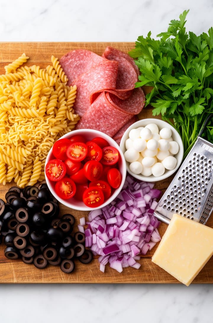 Overhead flat-lay of all Italian pasta salad ingredients separated into individual groups on a large wooden cutting board — pile of dry rotini, folded slices of Genoa salami, small white bowl of mozzarella pearls, halved cherry tomatoes showing red flesh and seeds, sliced black olives, diced purple-red onion, block of Parmesan cheese with grater, fresh green parsley bunch. Bright even natural lighting from above, clean white marble countertop background