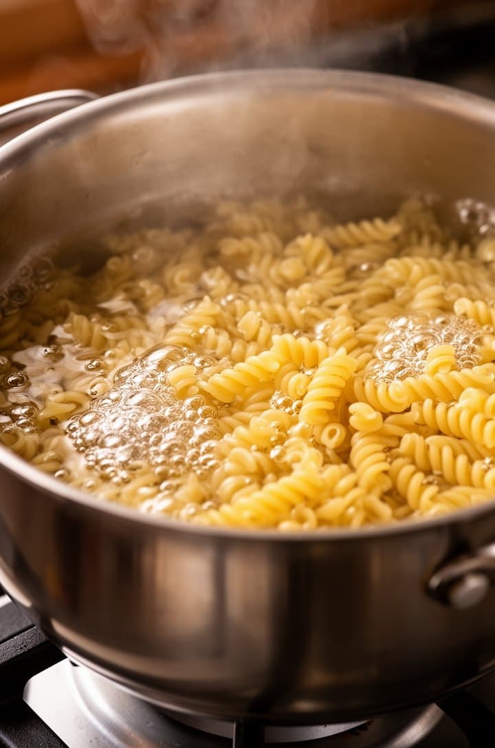 Side-angle shot of a large pot of boiling water with rotini pasta cooking, bubbles rising around the pasta spirals, steam visible above the pot. Stainless steel pot on a gas burner, warm kitchen lighting, shallow depth of field focusing on the pasta in the water