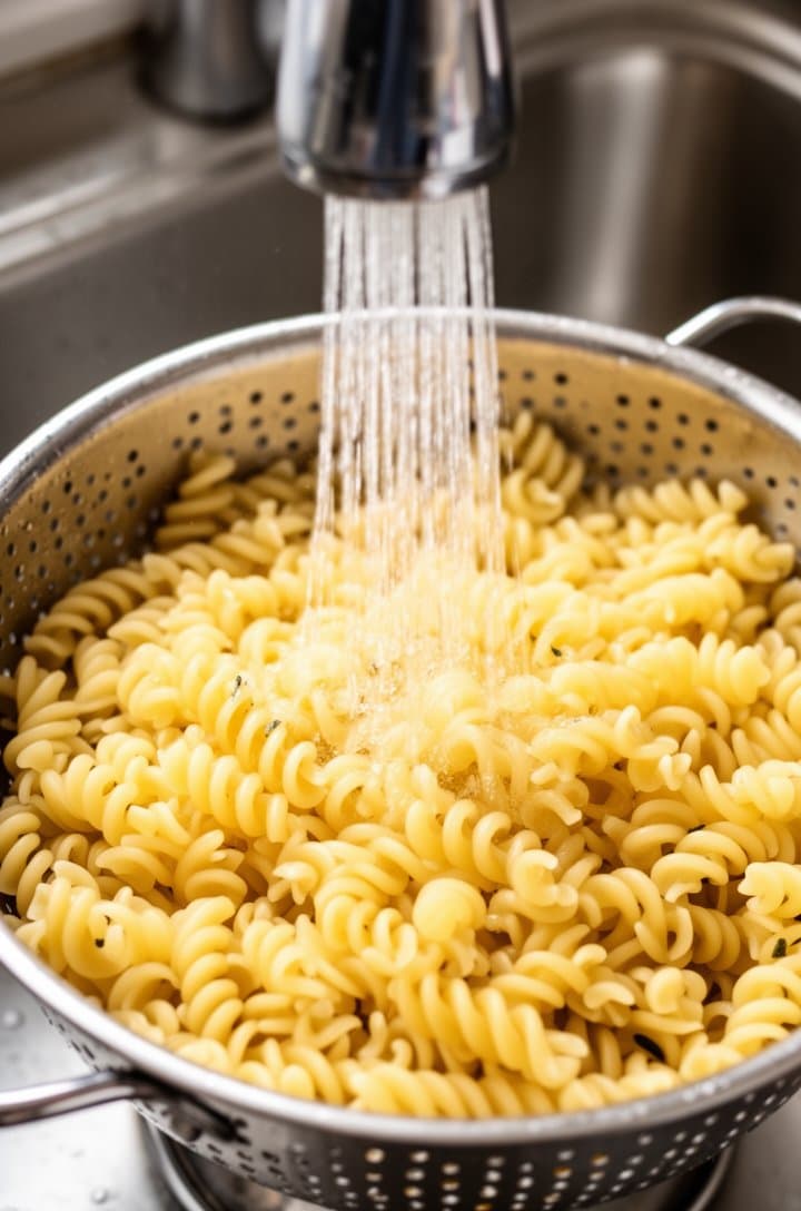 Overhead shot of cooked and drained rotini pasta in a colander being rinsed under running cold water from a kitchen faucet, water streaming through the pale golden pasta spirals, stainless steel sink visible. Bright natural lighting