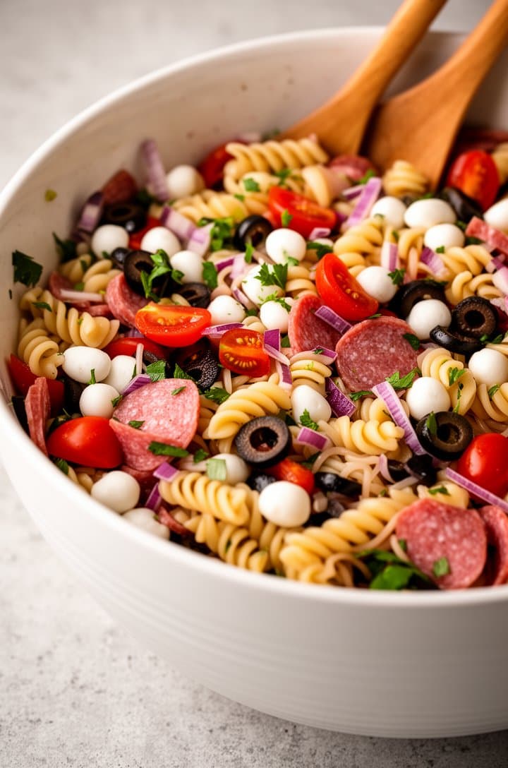 45-degree angle close-up of a large white ceramic mixing bowl filled with the assembled pasta salad before final tossing — rotini, salami pieces, white mozzarella pearls, red cherry tomato halves, dark black olive slices, purple red onion bits, and green parsley all visible and distinct. Wooden serving spoons resting on the edge. Warm natural side lighting on a light gray concrete surface