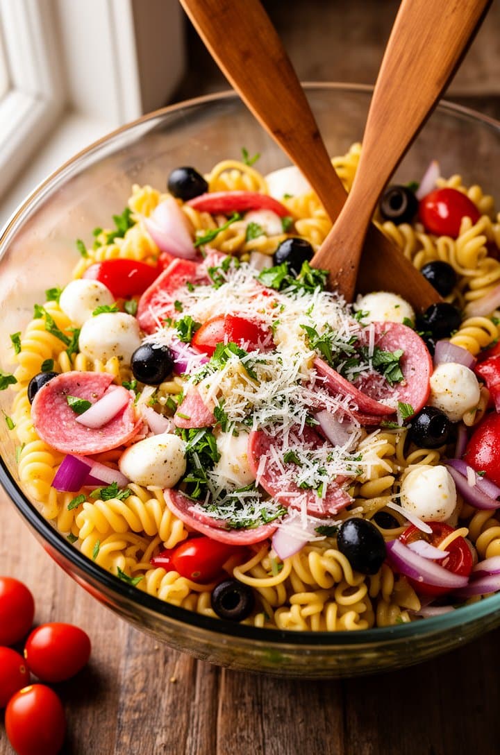 Close-up overhead shot of the finished Italian pasta salad in a large glass serving bowl with wooden salad servers crossed inside, every ingredient visible and glistening with vinaigrette — golden rotini spirals, pink-edged salami, white mozzarella, bright red tomatoes, black olives, purple onion, green parsley, dusting of grated Parmesan on top. Warm natural window light from the left, rustic wooden table surface, a few scattered cherry tomatoes beside the bowl