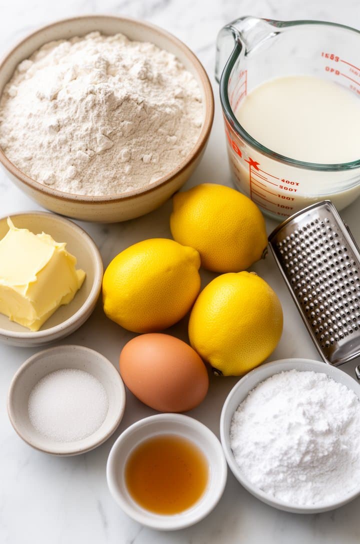 Overhead flat-lay of all lemon cake ingredients measured and arranged on white marble — flour in a ceramic bowl, softened butter, two eggs, three bright lemons with a microplane zester, buttermilk in a glass measuring cup, sugar, vanilla, and powdered sugar in small bowls. Clean bright natural lighting with soft shadows, organized mise en place style