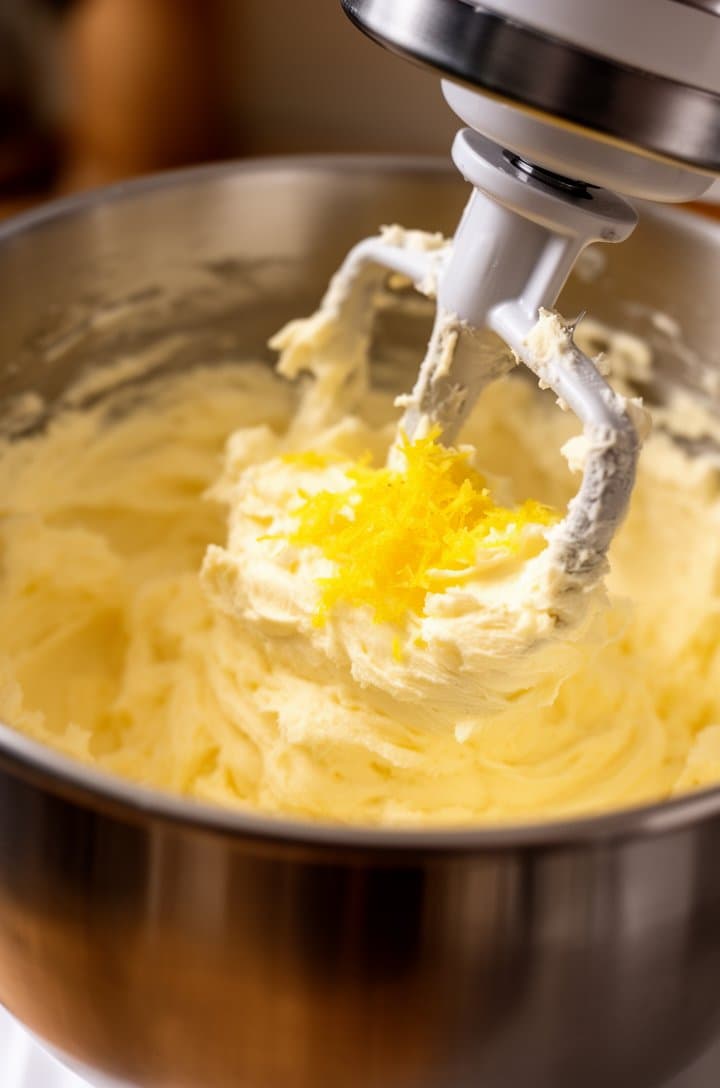 Close-up side shot of the stand mixer beating butter and sugar, the mixture pale yellow and fluffy with visible air incorporated, paddle attachment coated in creamy batter. Lemon zest just added showing bright yellow flecks. Warm kitchen lighting, stainless steel mixer bowl, shallow depth of field