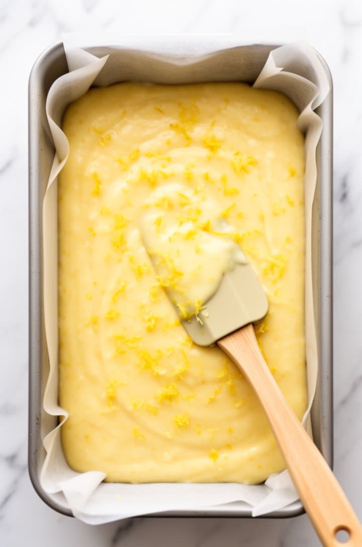 Overhead shot of the loaf pan filled with smooth lemon cake batter, surface leveled with a spatula, flecks of lemon zest visible throughout the pale yellow batter. Parchment paper overhang visible on two sides. Clean white marble surface, bright even lighting