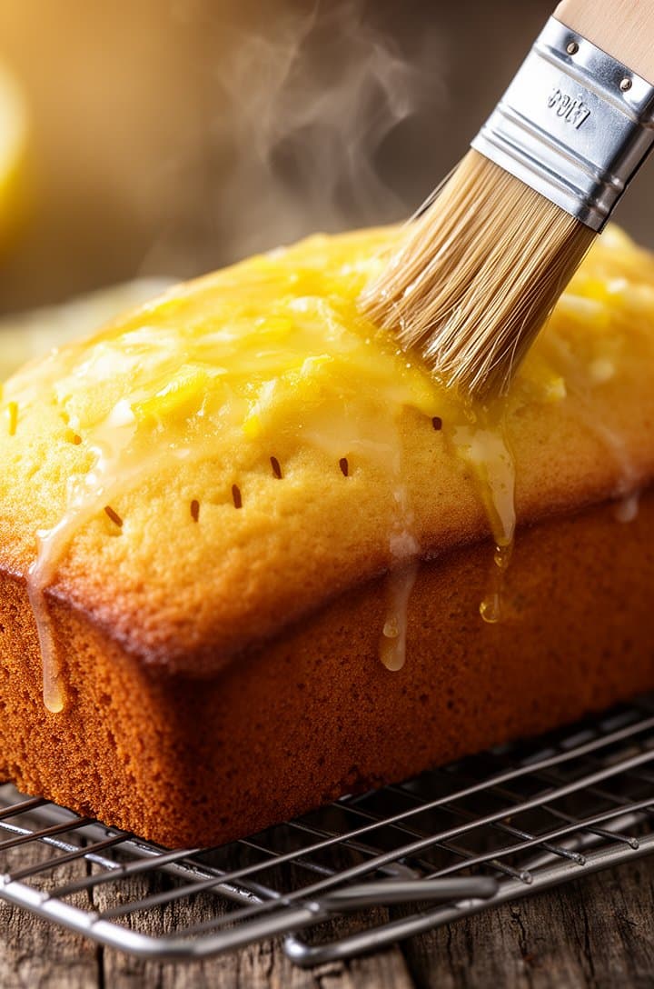 Side-angle shot of the baked golden-brown lemon loaf cooling on a wire rack, a pastry brush applying glistening lemon syrup to the top. Small toothpick holes visible on the surface soaking up the syrup. Steam rising slightly, warm amber natural lighting from the left, rustic wood surface below the rack