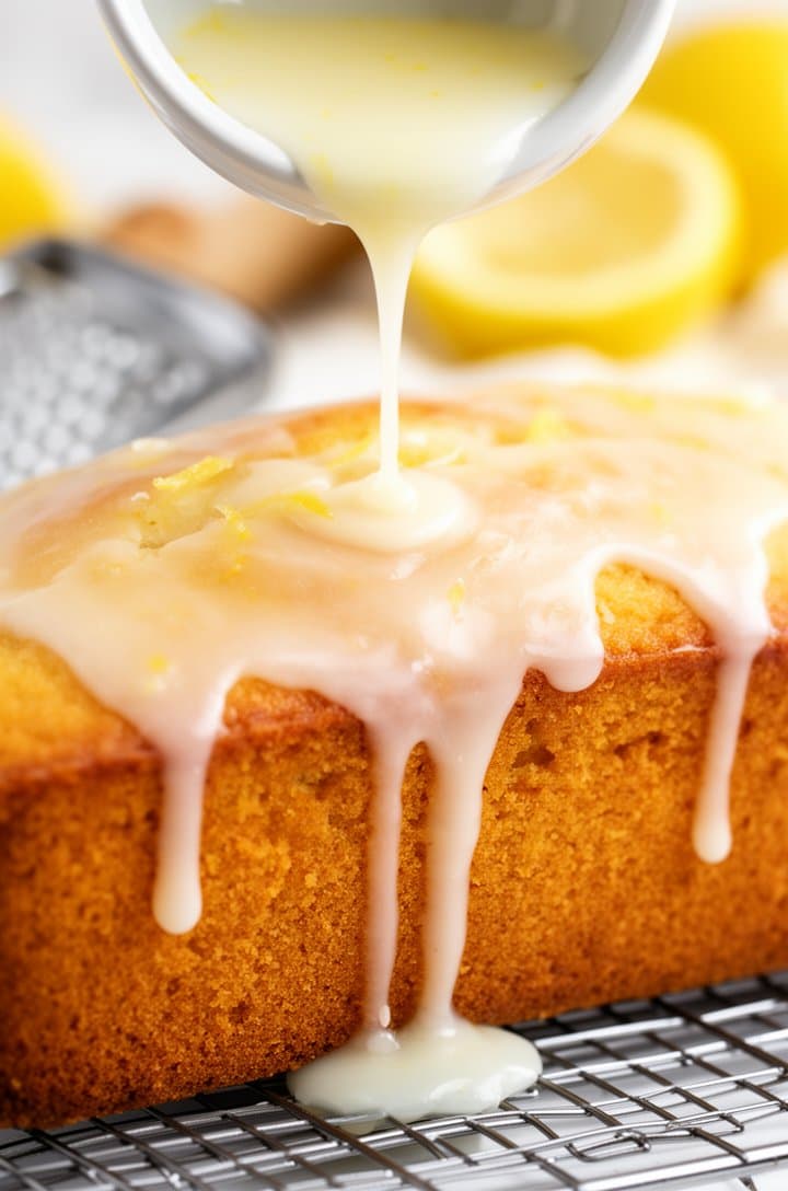 Close-up 45-degree shot of white lemon glaze being poured from a small bowl over the top of the cooled loaf cake, thick glossy streams dripping organically down the golden sides. The glaze pools slightly on the wire rack below. Fresh lemon half and zester visible in soft focus background, bright natural lighting