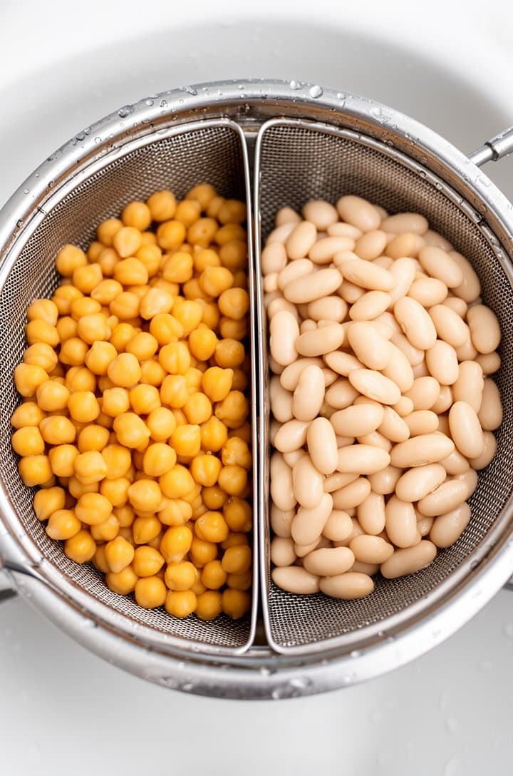 Overhead flat-lay of two drained cans of beans — golden chickpeas on the left and creamy white cannellini beans on the right — sitting in a metal colander over a white sink, water droplets visible on the bean surfaces, showing them freshly rinsed and ready to use. Bright overhead natural lighting, clean white background