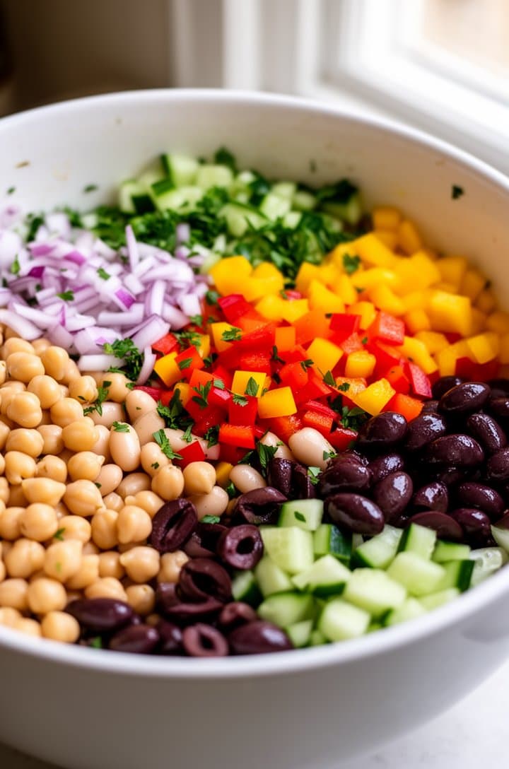 Close-up of a large white mixing bowl filled with the undressed salad components — chickpeas, cannellini beans, finely diced red and yellow bell peppers, cucumber pieces, thin red onion slivers, chopped parsley, and halved kalamata olives all layered together. Vibrant rainbow of colors visible, shot from a 45-degree angle, natural window lighting from the right side