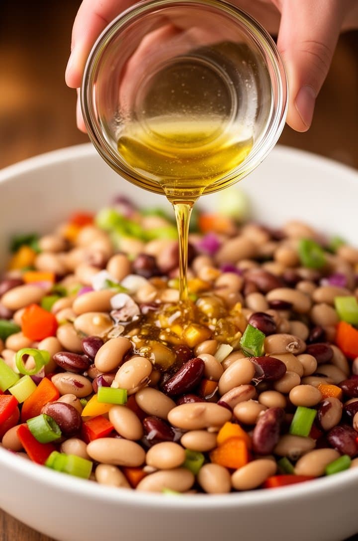 Action shot of golden vinaigrette being poured from a small glass bowl over the mixed bean salad in a large white bowl, the dressing cascading over the colorful vegetables and beans. A hand holds the small bowl at the top of frame. Side-angle shot, warm lighting highlighting the glossy dressing stream, shallow depth of field
