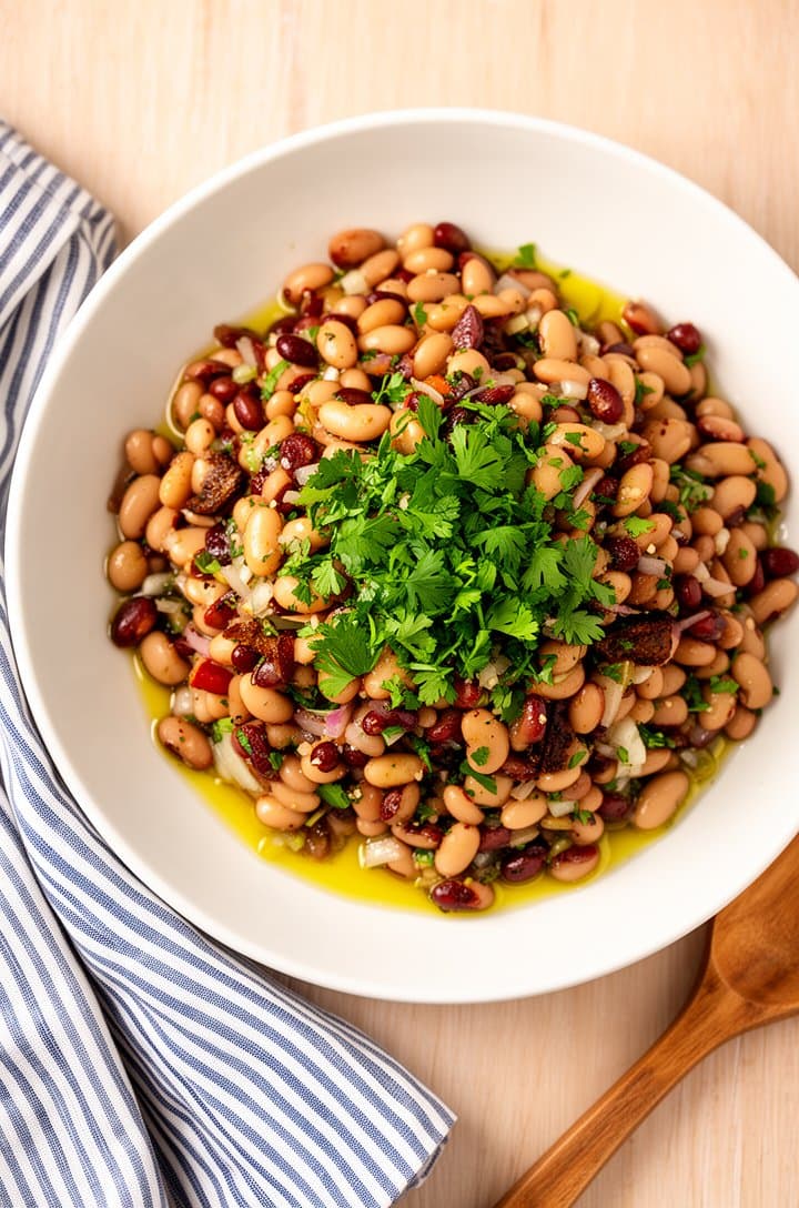Final plated Mediterranean bean salad in a wide white ceramic serving bowl on a light wooden table, garnished with a final sprinkle of fresh parsley and a drizzle of olive oil catching the light on the surface. A striped blue-and-white linen napkin and a wooden serving spoon sit beside the bowl. Shot from directly overhead, bright natural lighting, appetizing and magazine-worthy food styling