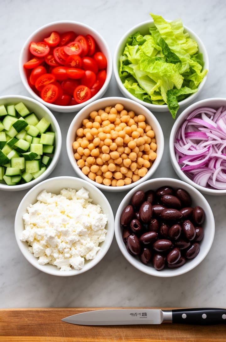 Overhead flat-lay of all Mediterranean salad ingredients in individual small white prep bowls arranged in a circle on a light grey marble countertop — quartered grape tomatoes, chopped romaine, diced cucumbers, drained chickpeas, sliced kalamata olives, crumbled feta, sliced red onion. A chef's knife and wooden cutting board visible at the bottom edge. Bright even natural lighting from above, clean and organized, professional food blog mise en place photography