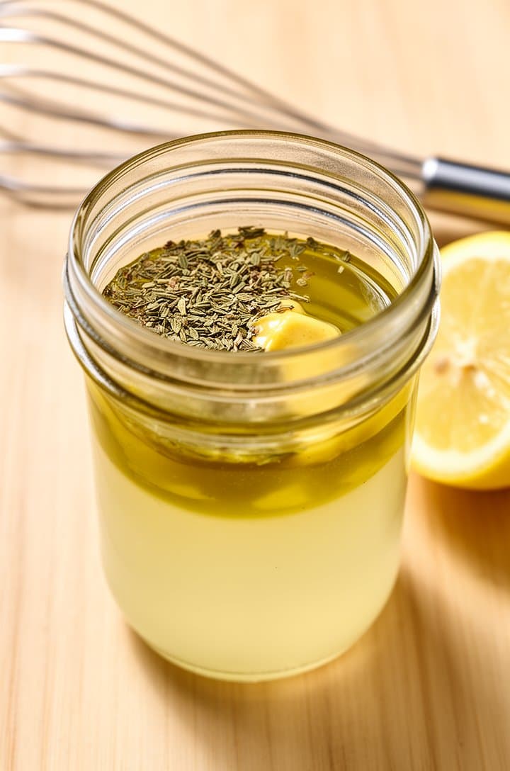 45-degree angle shot of dressing ingredients being combined in a small clear glass mason jar — golden olive oil layered over cloudy pale lemon juice, a small spoonful of Dijon mustard visible, dried oregano flakes floating on the surface. A whisk and halved lemon on the counter beside the jar, light wood surface, bright natural lighting