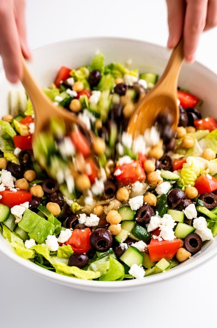 Overhead shot of the salad being tossed with wooden salad servers in a large white ceramic bowl, ingredients mid-motion — romaine, tomatoes, chickpeas, olives, feta, and cucumbers tumbling together with glistening vinaigrette visible on the surfaces. Dynamic action shot with slight motion blur on the tossing hands, bright natural overhead lighting, clean white background