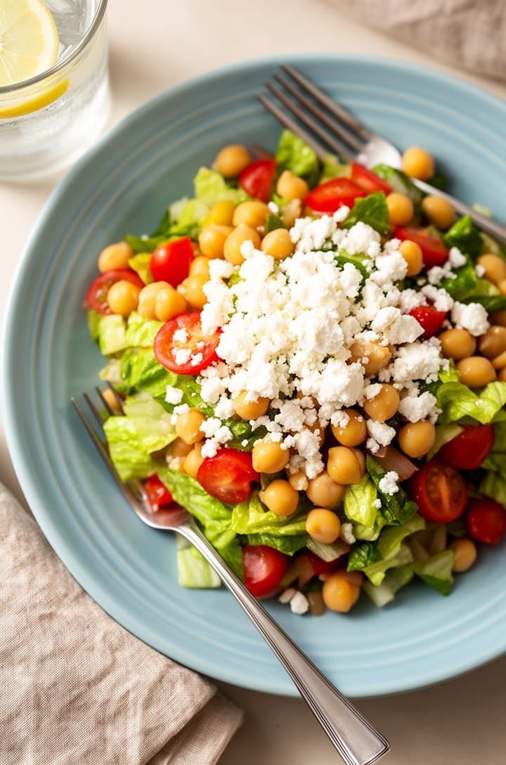 Straight-down overhead of a single serving of Mediterranean chopped salad plated on a light blue ceramic plate, golden chickpeas and red tomatoes visible among green romaine, white feta crumbles on top, a silver fork resting on the plate edge. A glass of water with lemon and a folded linen napkin visible at the corners. Soft natural window lighting with gentle shadows, styled food blog photography