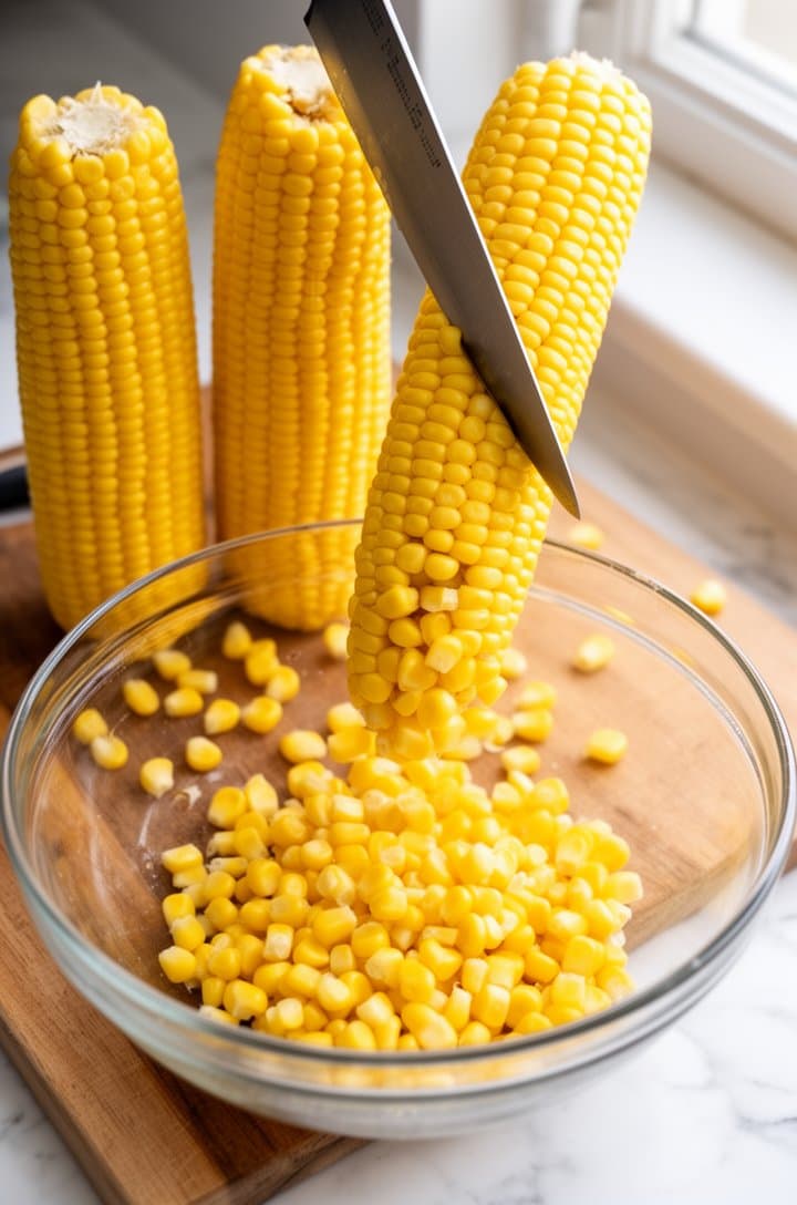 Close-up overhead shot of four ears of fresh yellow corn standing upright on a wooden cutting board, a sharp chef's knife slicing downward along one ear with golden kernels falling into a large glass bowl below, scattered loose kernels on the board, bright natural window lighting from the right side, clean white marble countertop background
