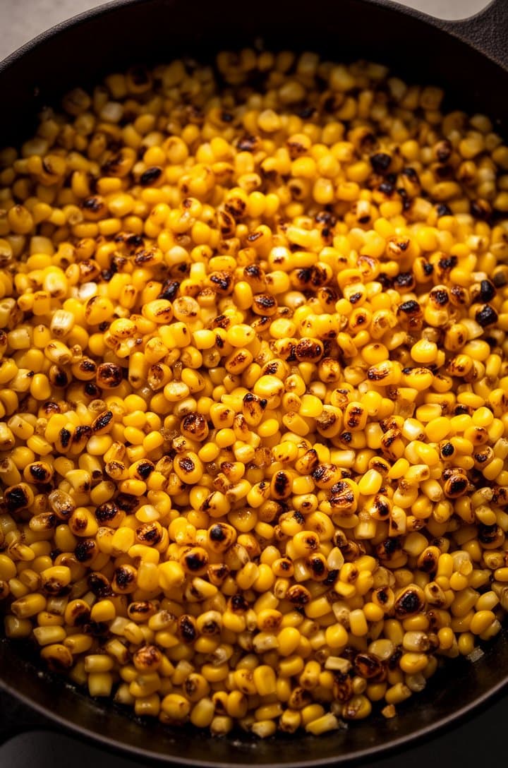 Overhead shot looking straight down into a cast iron skillet filled with corn kernels showing distinct golden-brown charred spots on many kernels, some kernels still bright yellow for contrast, the surface looks slightly caramelized and smoky, no utensils in frame, warm amber side lighting casting shadows across the textured corn surface