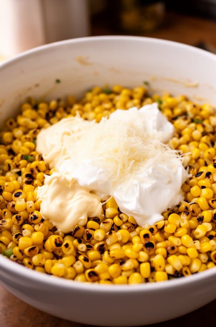45-degree angle shot of hot charred corn in a large white mixing bowl with mayo, sour cream, and grated parmesan just added on top in visible dollops and piles, not yet stirred in, showing the contrast between golden corn and white creamy ingredients, warm kitchen lighting, shallow depth of field with background blurred