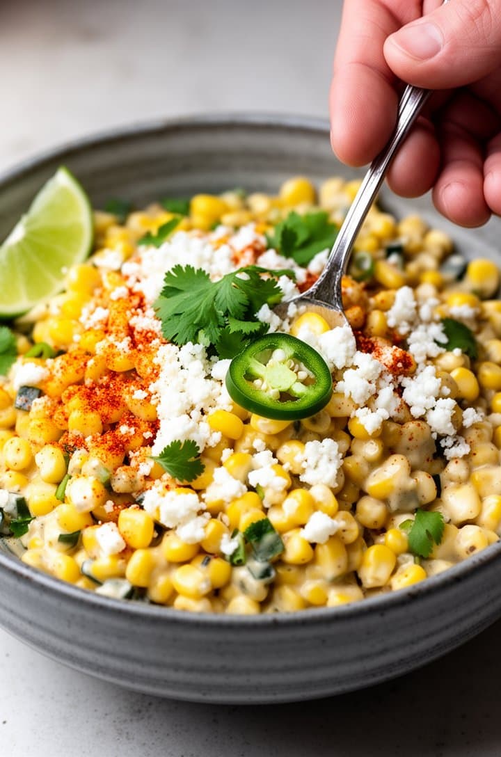 Finished Mexican corn salad served in a rustic grey ceramic bowl, shot from a 30-degree overhead angle, corn kernels coated in creamy dressing with crumbled white cotija cheese on top, fresh green cilantro leaves and sliced jalapeno as garnish, a dusting of red-orange chili powder, lime wedge on the rim, natural daylight from left side, a hand reaching in with a spoon for a scoop