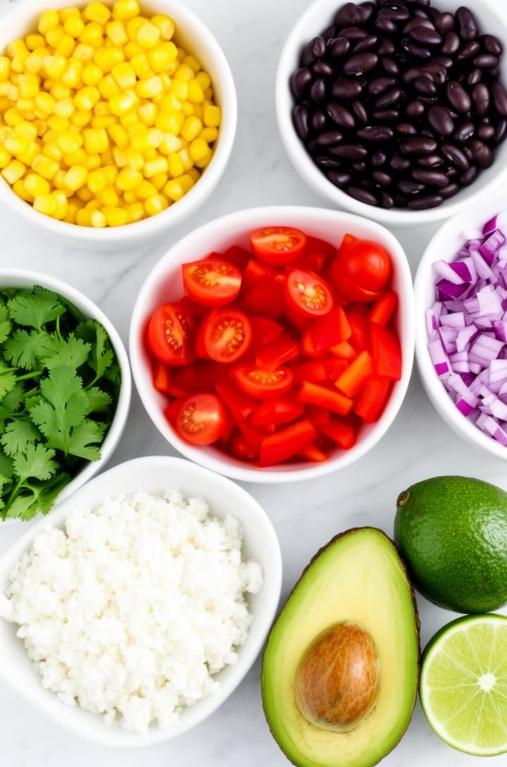 Overhead flat-lay of all Mexican salad ingredients in matching small white prep bowls arranged on a clean white marble surface — bright yellow corn kernels, glossy black beans, halved cherry tomatoes, diced red bell pepper, finely chopped purple-red onion, fresh green cilantro leaves, crumbled white cotija cheese, a halved avocado, and cut limes. Bright even natural overhead lighting, vivid saturated colors, organized grid composition, professional food blog mise en place photography